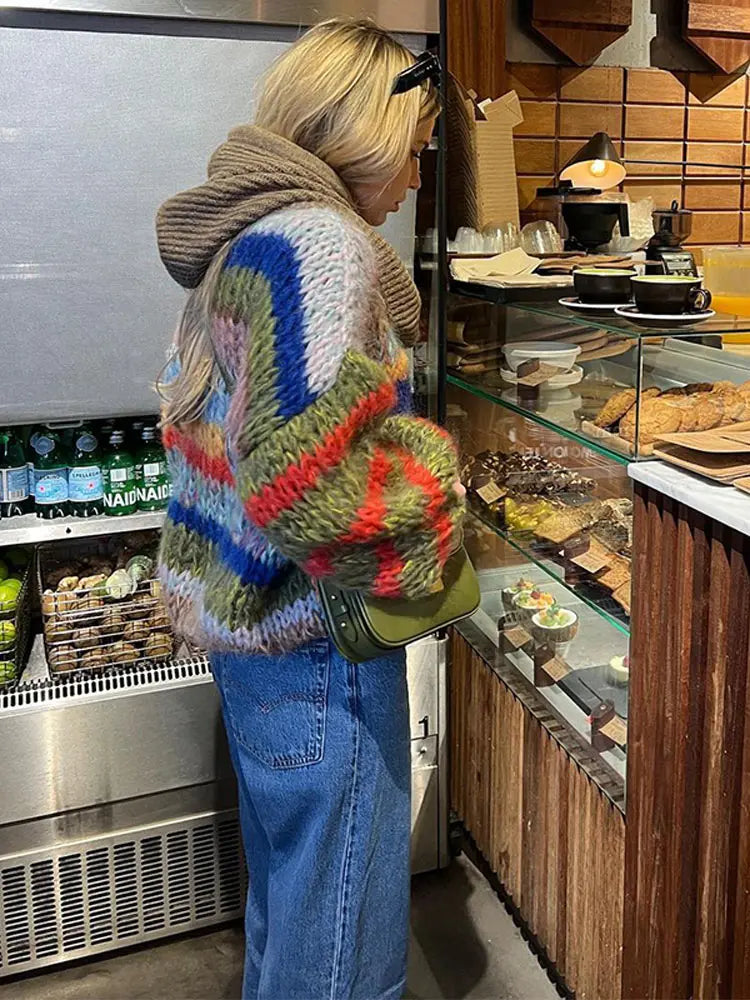 Elegant O-neck Long Puff Sleeves Knitted Pullover Women Fashion Colorful Striped Oversized Sweater New Chic Lady Outerwear