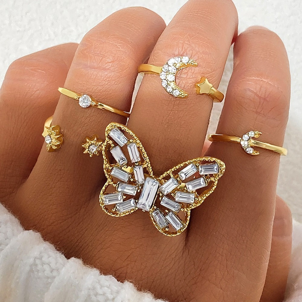 Geometric Joint Alloy Ring Set for Women's Star Moon Diamond Butterfly Ring Set