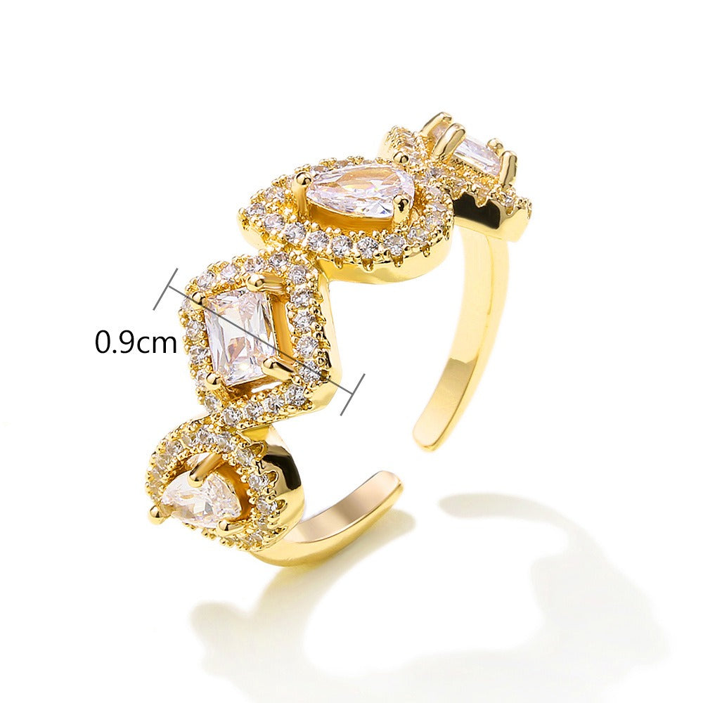 Geometric Square Water Drop Zircon Ring for Women, European and American Fashion Retro Open Ring