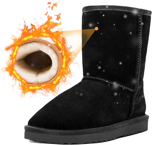 Winter Boots for Women Classic Snow Shoes Waterproof Cow Suede Leather Slip on Booties Fur Lined Warm Shoes Comfortable Mid Calf Boots,Black 6.5
