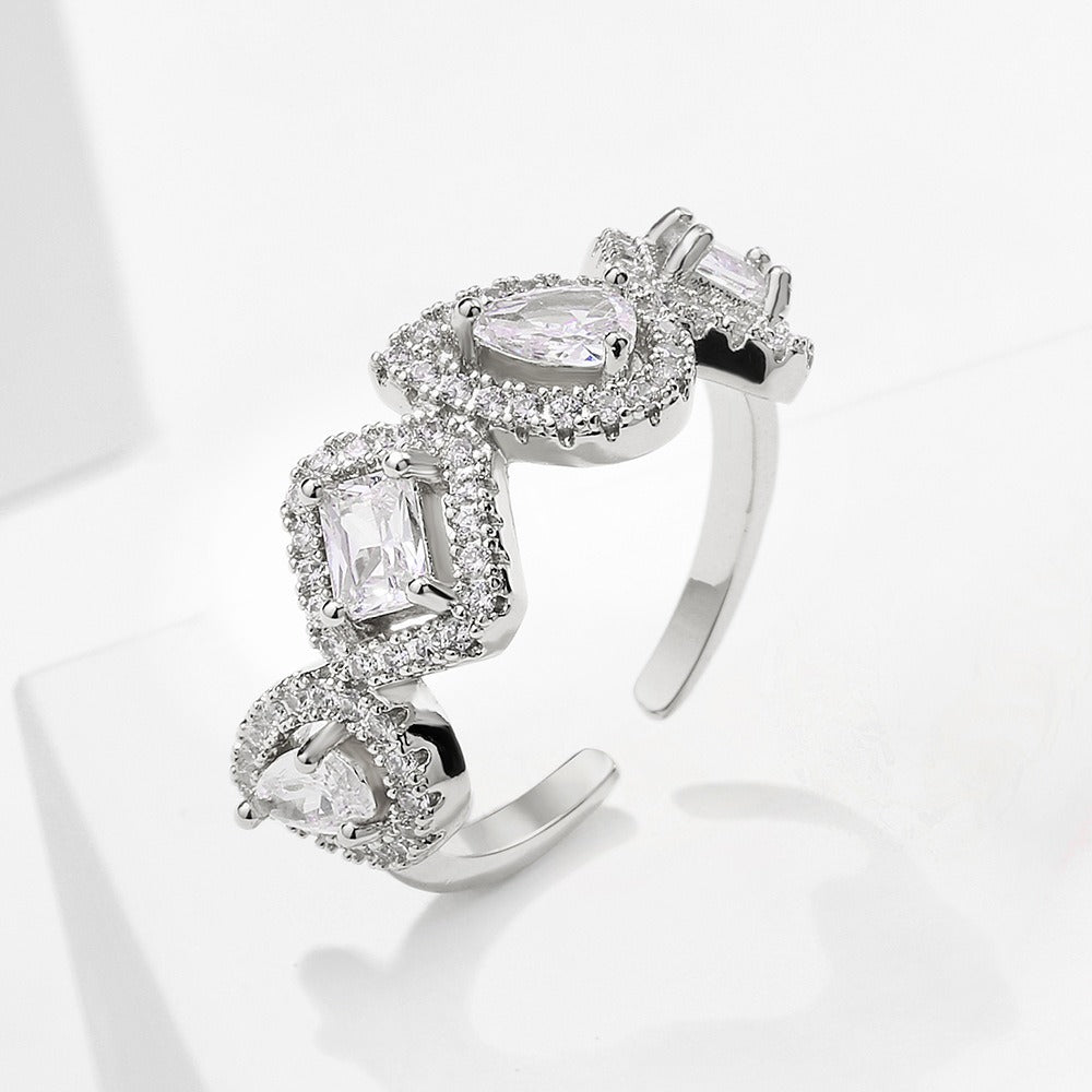 Geometric Square Water Drop Zircon Ring for Women, European and American Fashion Retro Open Ring