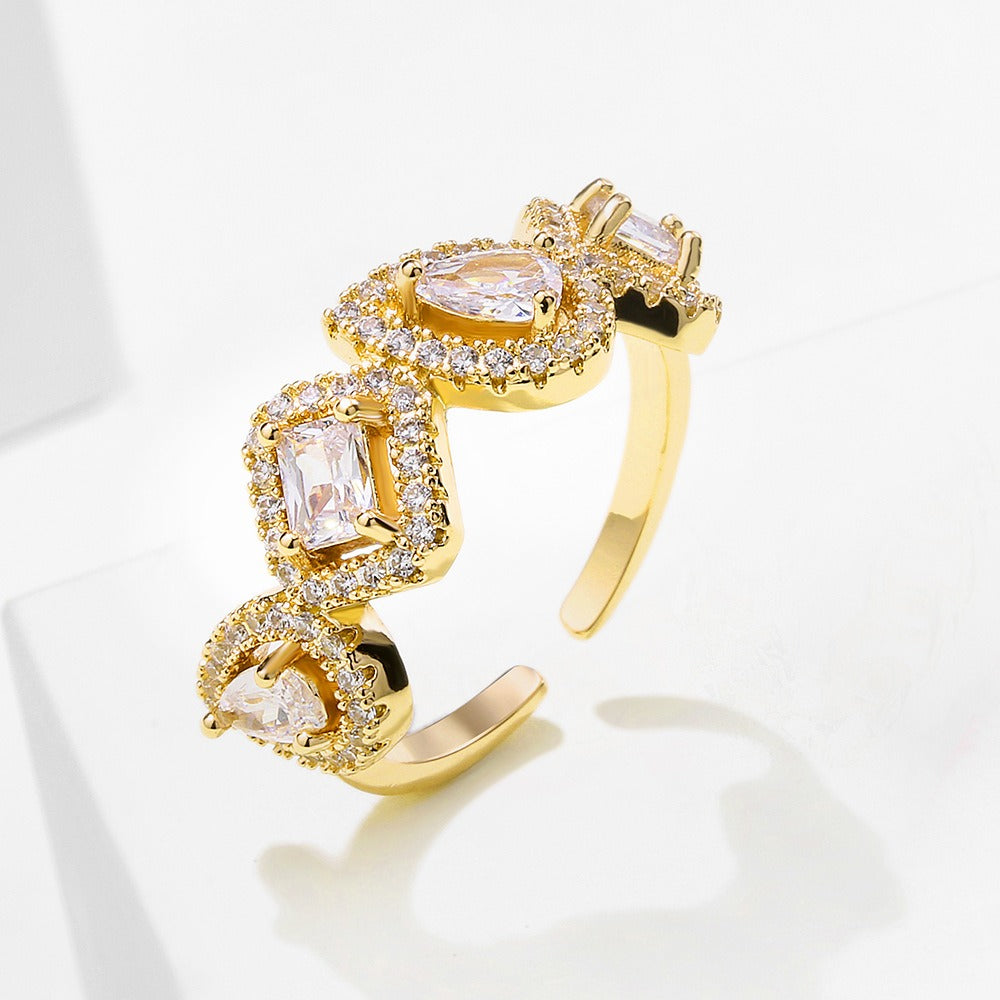 Geometric Square Water Drop Zircon Ring for Women, European and American Fashion Retro Open Ring