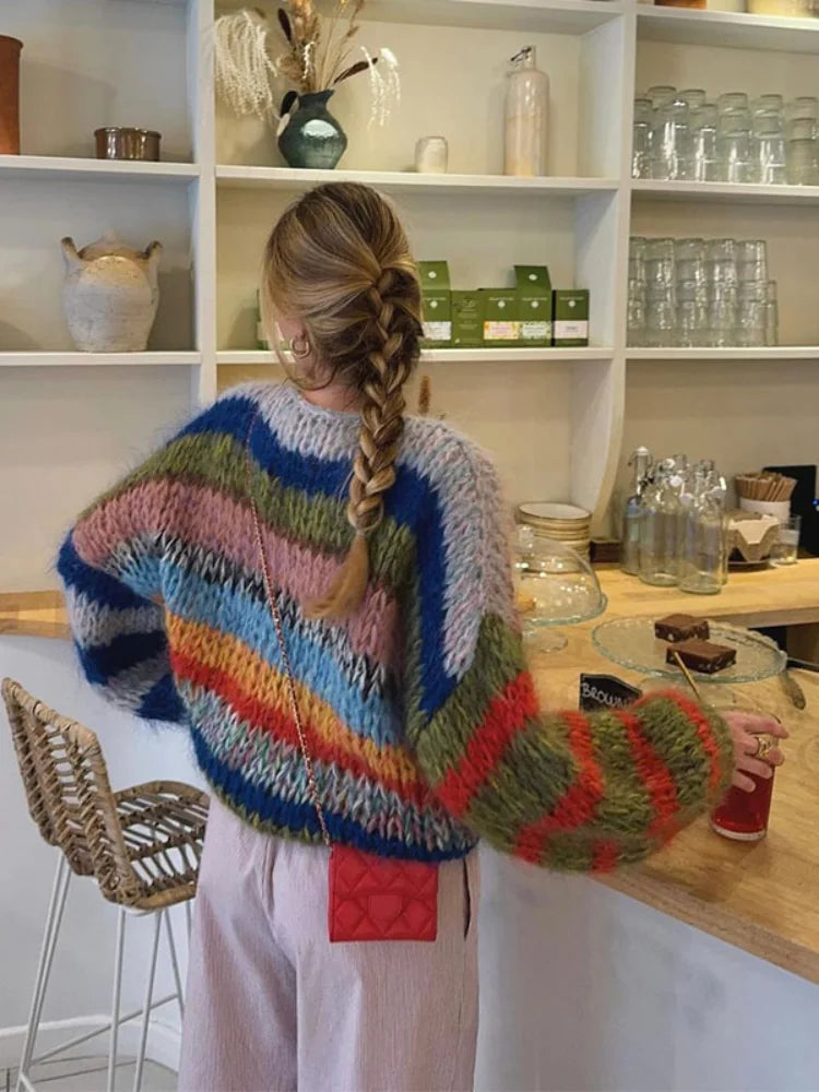 Elegant O-neck Long Puff Sleeves Knitted Pullover Women Fashion Colorful Striped Oversized Sweater New Chic Lady Outerwear