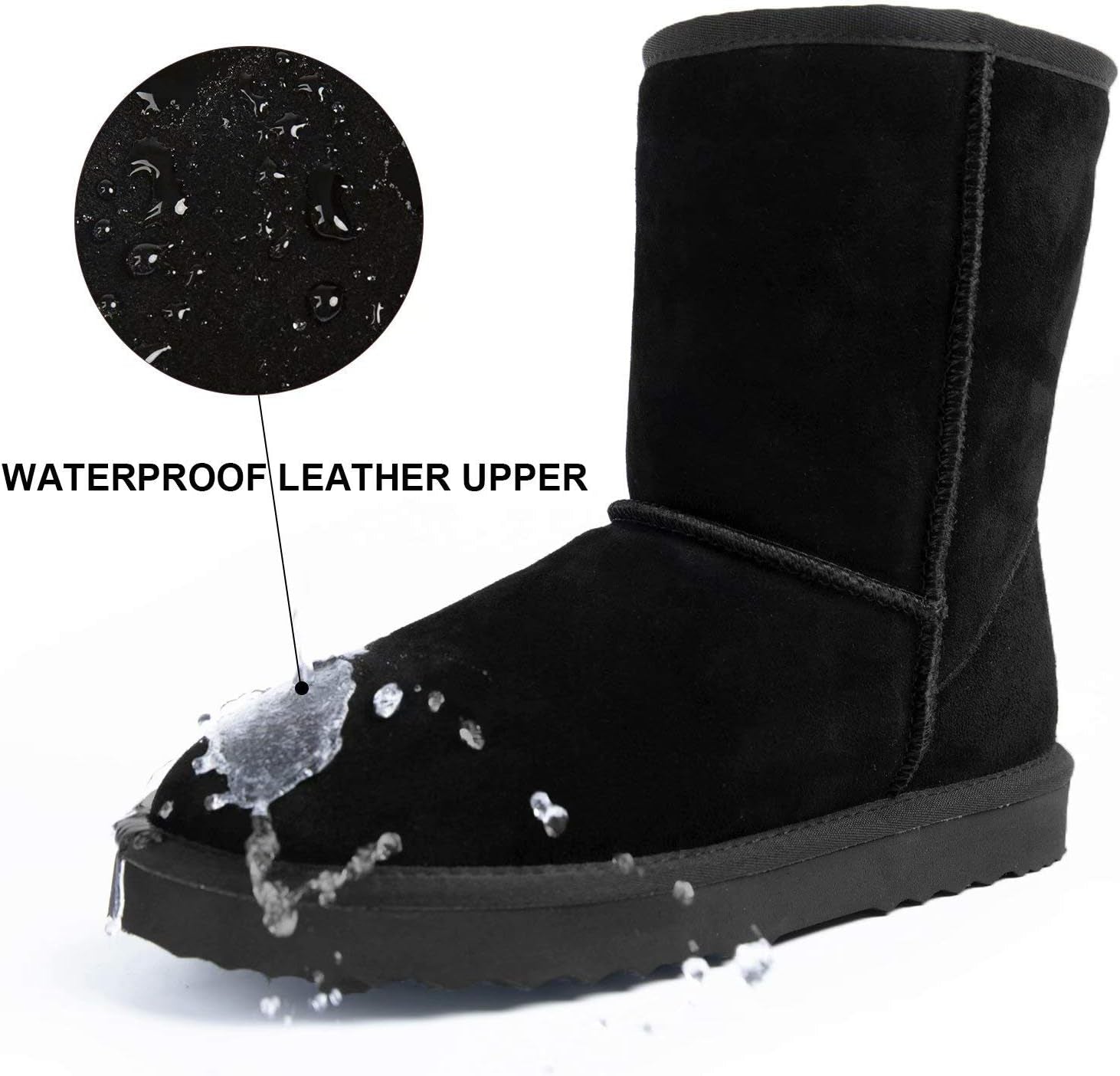Winter Boots for Women Classic Snow Shoes Waterproof Cow Suede Leather Slip on Booties Fur Lined Warm Shoes Comfortable Mid Calf Boots,Black 6.5