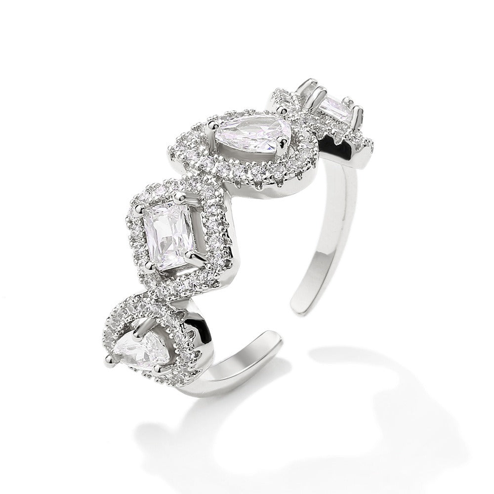 Geometric Square Water Drop Zircon Ring for Women, European and American Fashion Retro Open Ring