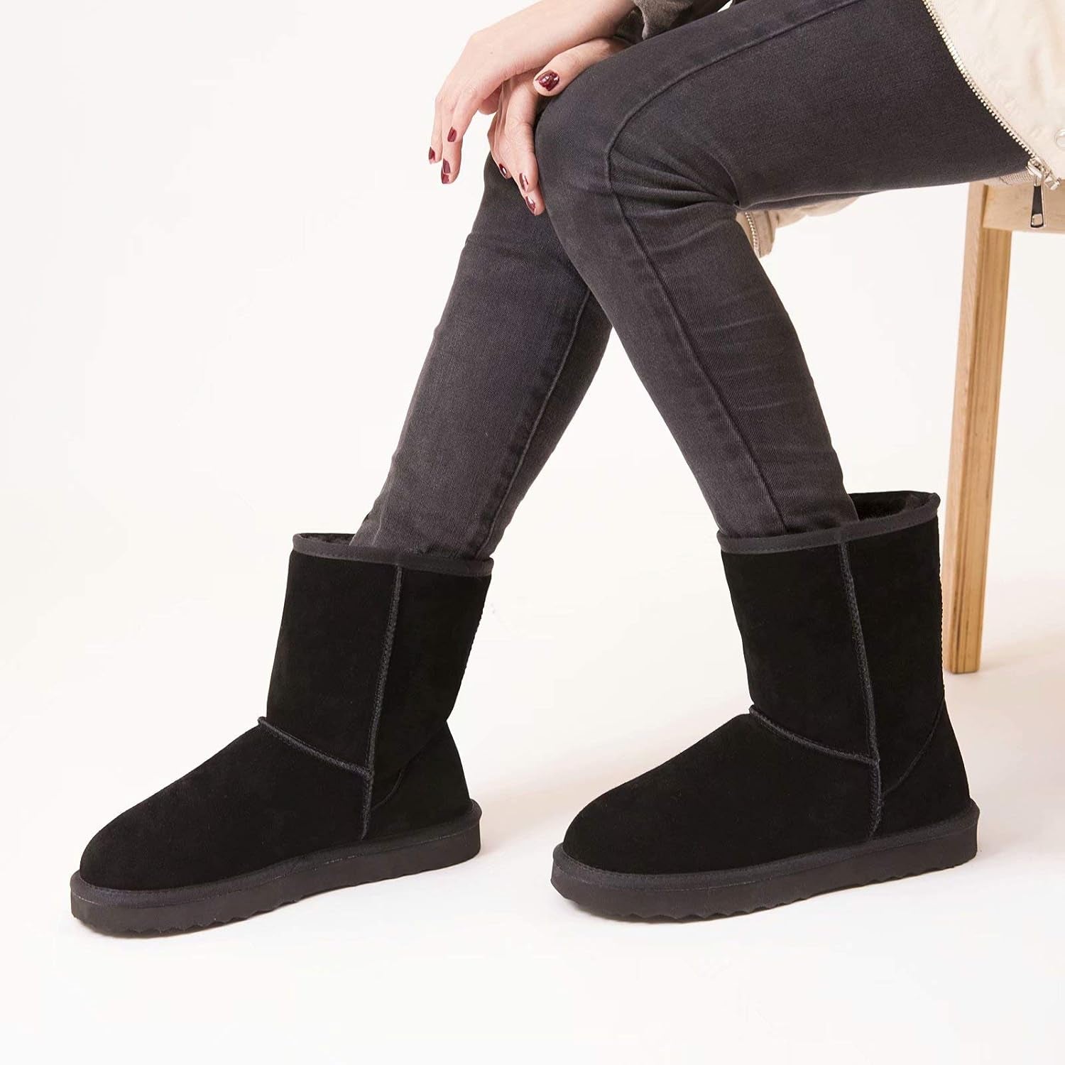 Winter Boots for Women Classic Snow Shoes Waterproof Cow Suede Leather Slip on Booties Fur Lined Warm Shoes Comfortable Mid Calf Boots,Black 6.5