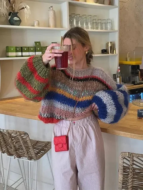 Elegant O-neck Long Puff Sleeves Knitted Pullover Women Fashion Colorful Striped Oversized Sweater New Chic Lady Outerwear