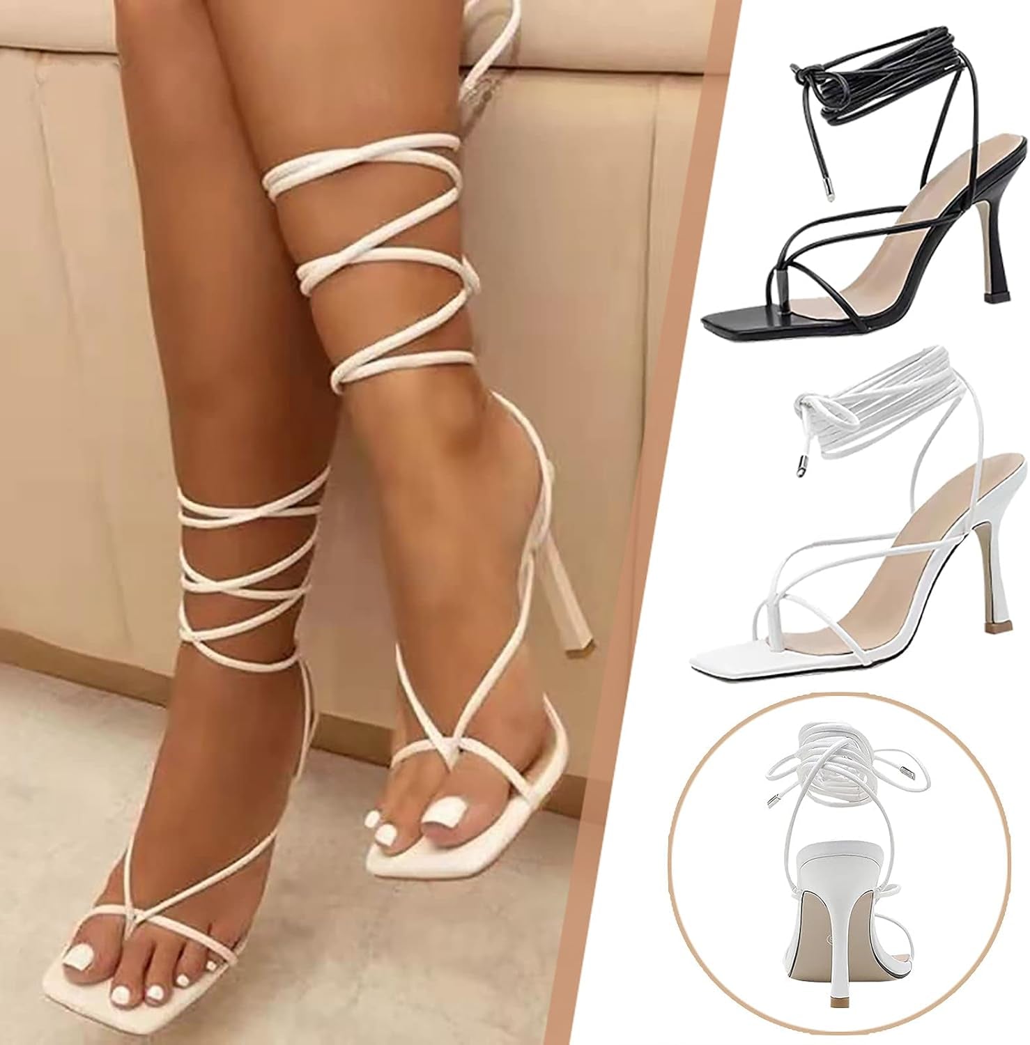 Women'S Stiletto Heel Lace-Up Sandals,Summer Fashion Narrow Band Square Toe High Heels Cross Strap V Shape Shoes