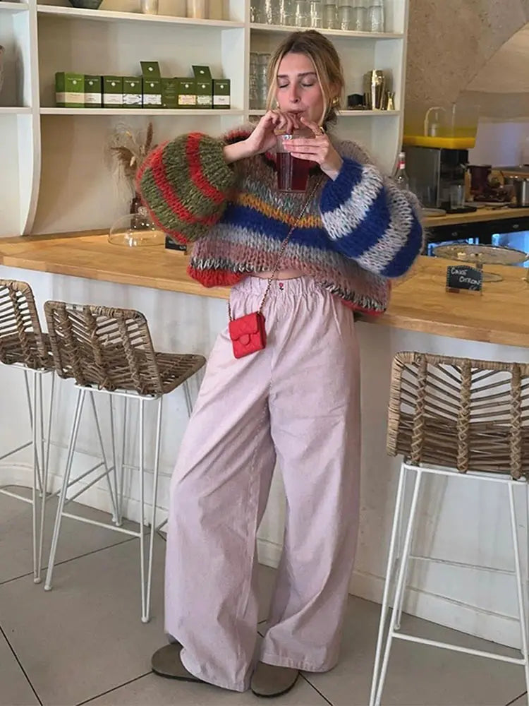 Elegant O-neck Long Puff Sleeves Knitted Pullover Women Fashion Colorful Striped Oversized Sweater New Chic Lady Outerwear