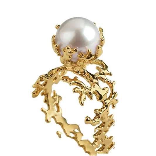 The new Jinser collection of Sea Moon bright coral tree Baroque pearl retro classic ring