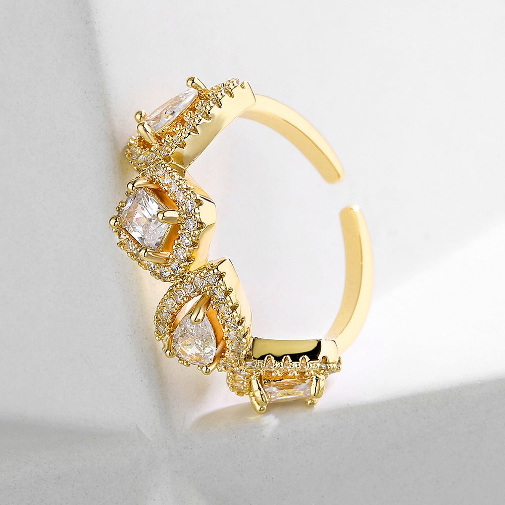 Geometric Square Water Drop Zircon Ring for Women, European and American Fashion Retro Open Ring
