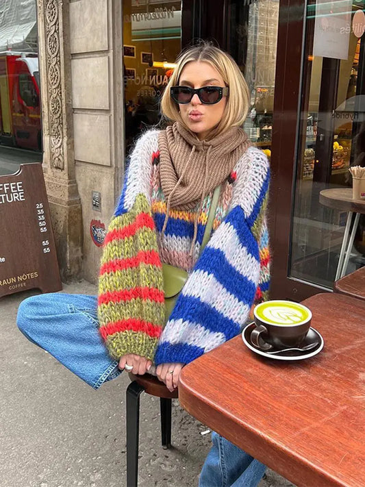 Elegant O-neck Long Puff Sleeves Knitted Pullover Women Fashion Colorful Striped Oversized Sweater New Chic Lady Outerwear