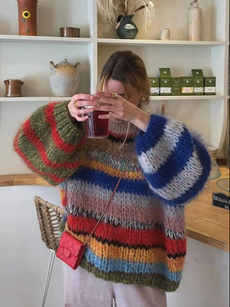 Elegant O-neck Long Puff Sleeves Knitted Pullover Women Fashion Colorful Striped Oversized Sweater New Chic Lady Outerwear