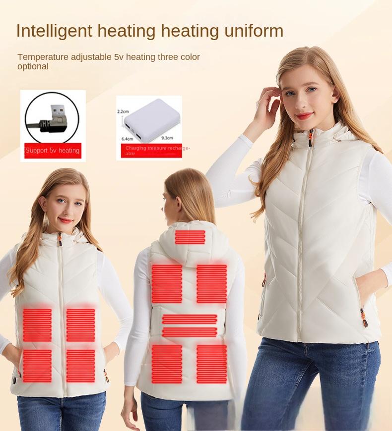 Winter women's hot vest, hooded, cold resistant, warm vest, USB electric heating suit, 11 zone intelligent heating suit