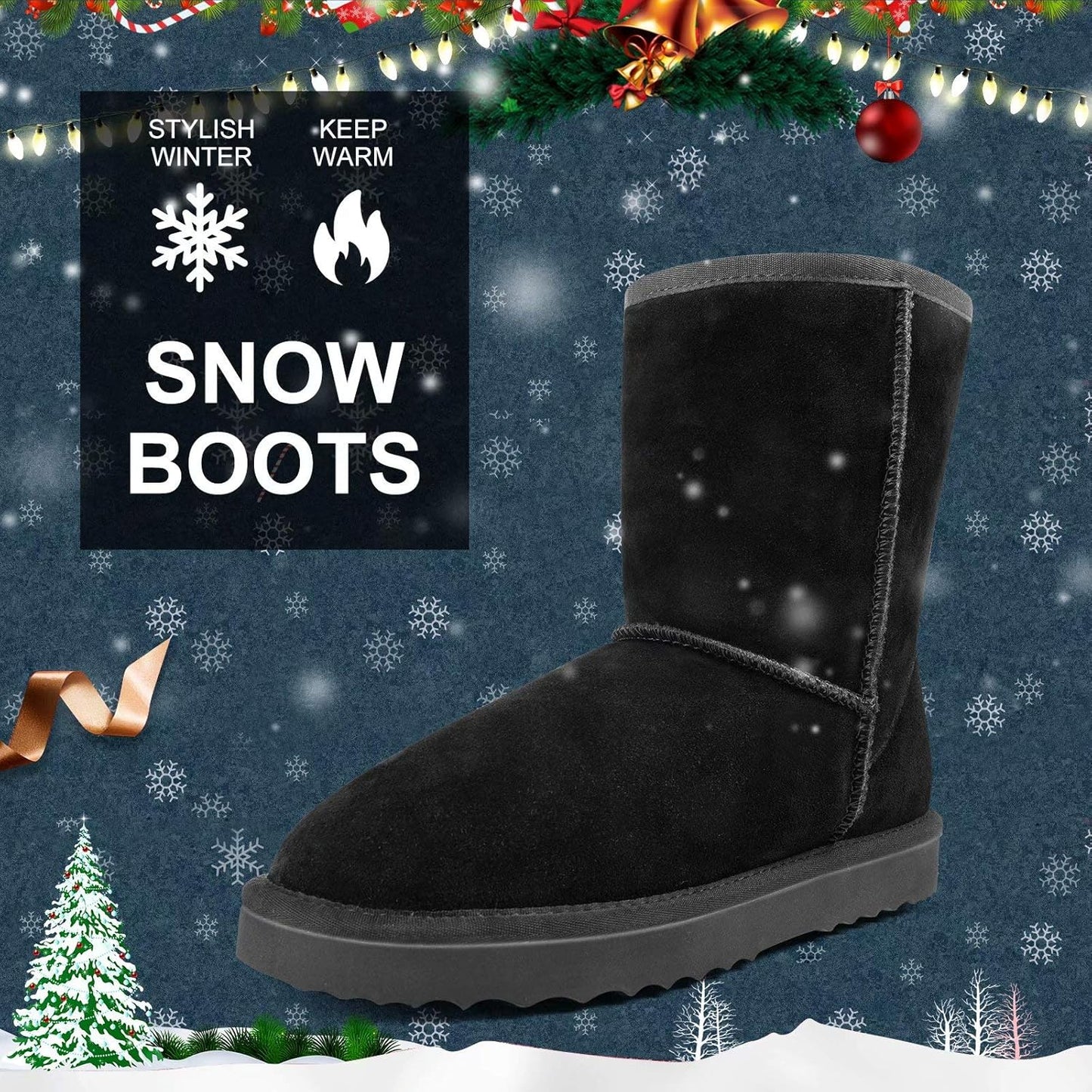 Winter Boots for Women Classic Snow Shoes Waterproof Cow Suede Leather Slip on Booties Fur Lined Warm Shoes Comfortable Mid Calf Boots,Black 6.5