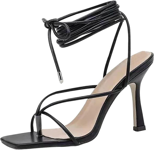 Women'S Stiletto Heel Lace-Up Sandals,Summer Fashion Narrow Band Square Toe High Heels Cross Strap V Shape Shoes