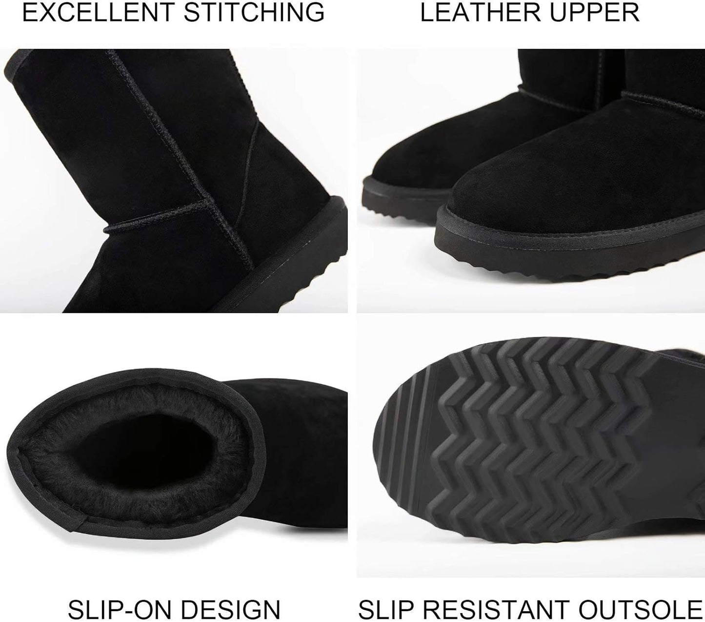 Winter Boots for Women Classic Snow Shoes Waterproof Cow Suede Leather Slip on Booties Fur Lined Warm Shoes Comfortable Mid Calf Boots,Black 6.5