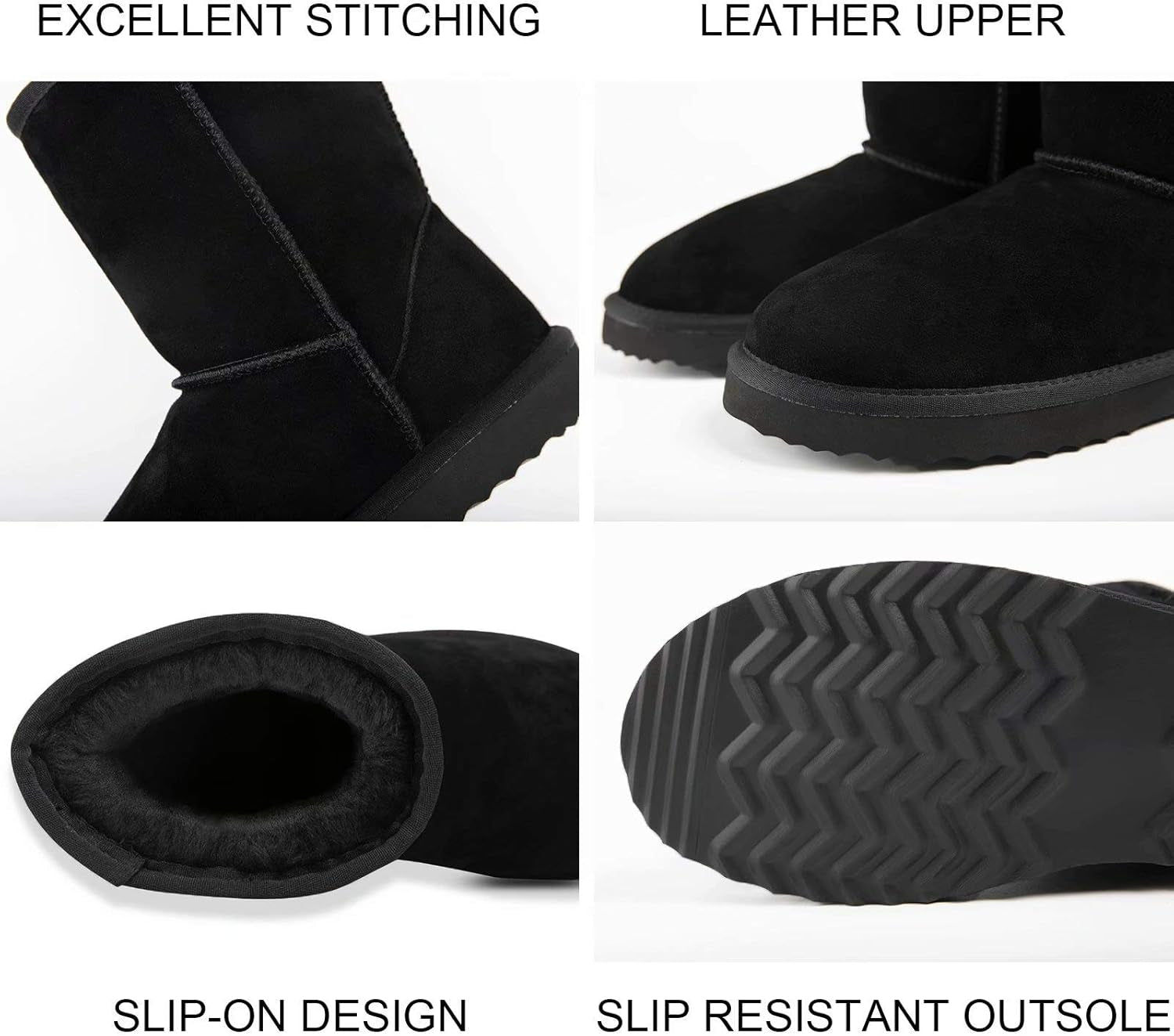 Winter Boots for Women Classic Snow Shoes Waterproof Cow Suede Leather Slip on Booties Fur Lined Warm Shoes Comfortable Mid Calf Boots,Black 6.5